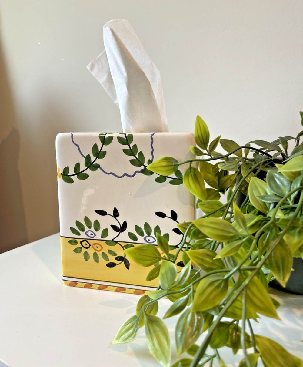 Vintage Yellow Floral Ceramic Tissue Box Holder Retro Vibrant Made in Portugal